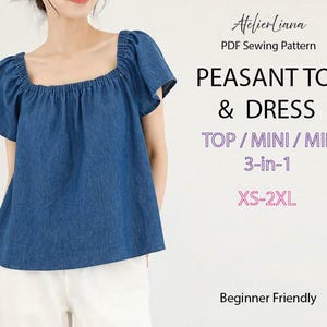 Könnte beinhalten: Ein blaues Bauernoberteil aus Jeansstoff mit quadratischem Ausschnitt und kurzen, ausgestellten Ärmeln. Text: AtelierLiana PDF Sewing Pattern PEASANT TOP & DRESS TOP / MINI / MIDI 3-in-1 XS-2XL Beginner Friendly. Das Kleidungsstück wird mit einer weißen Hose getragen.