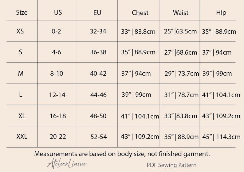 May include: A size chart table with columns for Size, US, EU, Chest, Waist, and Hip measurements in inches and centimeters. Rows range from XS to XXL. Text at the bottom states: Measurements are based on body size, not finished garment. Atelierliana PDF Sewing Pattern.