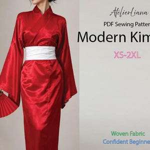 May include: A bright red kimono with wide sleeves and a white sash, paired with a matching red folding fan. The text reads: AtelierLiana, PDF Sewing Pattern, Modern Kimono, XS-2XL, Woven Fabric, Confident Beginner.