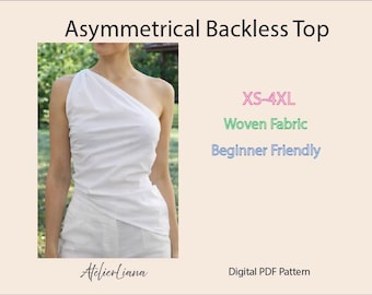 Op de afbeelding: Een wit asymmetrisch rugloos topje met één schouderbandje. De afbeelding bevat de tekst: Asymmetrical Backless Top, XS-4XL, Woven Fabric, Beginner Friendly, AtelierLiana en Digital PDF Pattern. De top is mouwloos en heeft een aansluitende pasvorm.