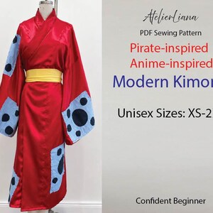 May include: A red kimono with a yellow obi belt and light blue patches featuring dark blue circles on the sleeves and hem. The text reads: AtelierLiana, PDF Sewing Pattern, Pirate-inspired, Anime-inspired, Modern Kimono, Unisex Sizes: XS-2XL.