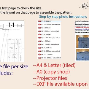 May include: A digital sewing pattern guide by AtelierLiana featuring a tiled layout page, a list of PDF files for sizes XS to 2XL in A0 and A4/Letter formats, and step-by-step photo instructions for assembling a garment waistband with text.