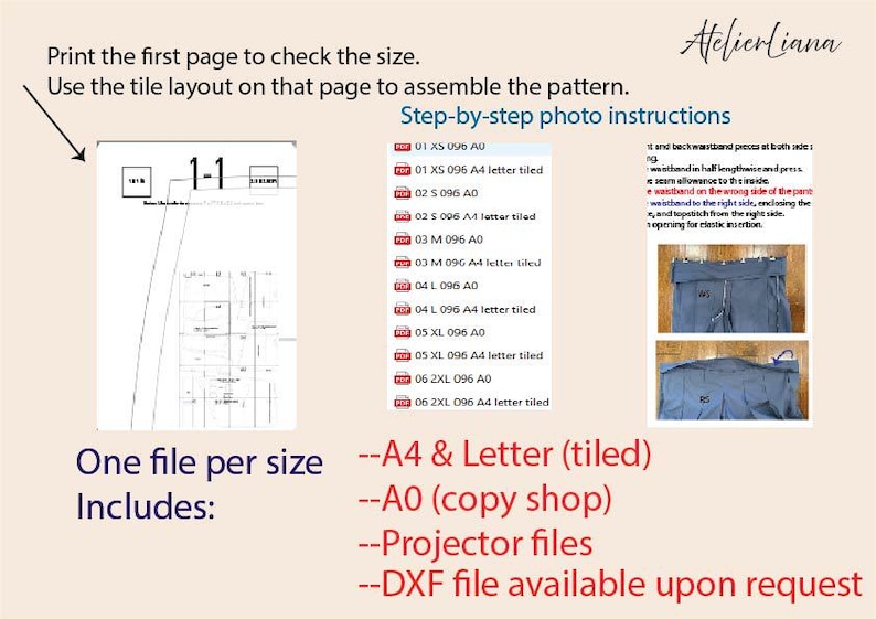 May include: A digital sewing pattern guide by AtelierLiana featuring a tiled layout page, a list of PDF files for sizes XS to 2XL in A0 and A4/Letter formats, and step-by-step photo instructions for assembling a garment waistband with text.
