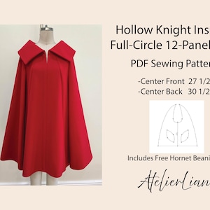 Puede incluir: Una capa roja vibrante, de círculo completo, con un diseño de 12 paneles, inspirada en Hollow Knight. La capa tiene un cuello ancho y se muestra en un maniquí. El centro delantero mide 70 cm, y el centro trasero mide 77.5 cm. Incluye un patrón de gorro Hornet gratis.