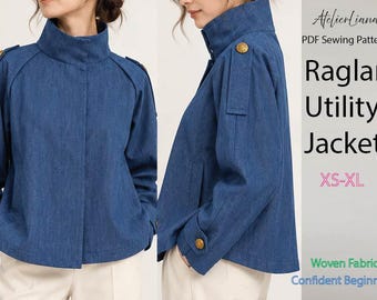 May include: A blue denim raglan utility jacket with a high collar, shoulder epaulets, and gold-toned buttons on the shoulders and cuffs. The text reads AtelierLiana PDF Sewing Pattern Raglan Utility Jacket XS-XL Woven Fabric Confident Beginner.