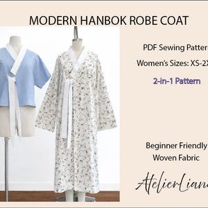 Puede incluir: Imagen de un moderno abrigo de Hanbok. La imagen muestra dos versiones de la bata en maniquíes. Una es una parte superior azul claro con ribete blanco y la otra es una bata blanca con un estampado floral. El texto de la imagen dice "PDF Sewing Pattern".