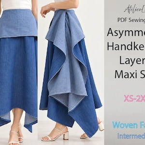 May include: A blue denim maxi skirt with an asymmetrical handkerchief hem and layered panels. The text reads: AtelierLiana, PDF Sewing Pattern, Asymmetrical Handkerchief Layered Maxi Skirt, XS-2XL, Woven Fabric, Intermediate.