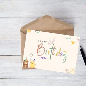Druckbare Kinder Geburtstagskarte, süß illustrierte glückliche Geburtstagskarte, wunderliche Tier Karte für Jungen oder Mädchen, sofortiger Download 5 x 7 PDF
