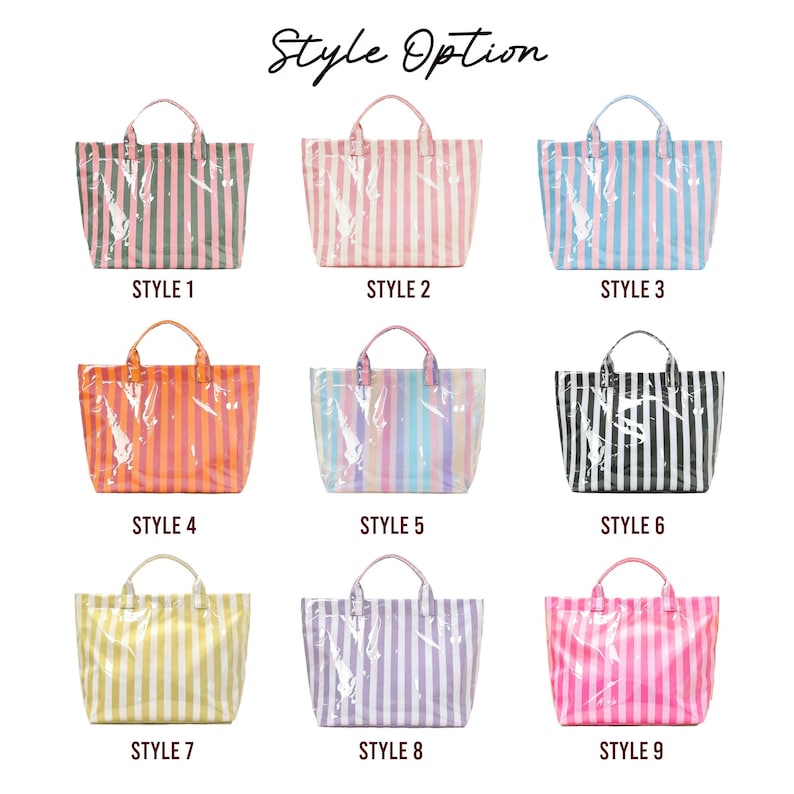 Puede incluir: Nueve bolsos de mano transparentes con rayas verticales en varios colores, como rosa, azul y naranja. Las bolsas tienen asas a juego. El texto "Style Option" est&aacute; en la parte superior, con "Style 1" a "Style 9" debajo.