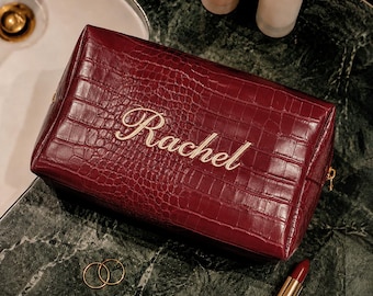 Personalized Faux Leather Makeup Bag, Custom Name Cosmetic Bag, Embroidered Toiletry Pouch, Travel Gift for Her, Bridesmaid Gift FF08