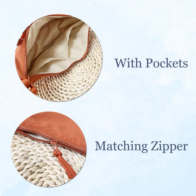 Op de afbeelding: Close-up van een roestkleurige tas met bijpassende rits en binnenzakken. De tas wordt getoond in twee cirkelvormige afbeeldingen, met de tekst "With Pockets" en "Matching Zipper".