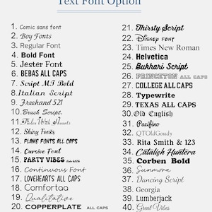 Op de afbeelding: Een lijst met 40 tekstlettertype-opties, elk met een unieke naam. De lettertypen vari&euml;ren van Comic Sans tot Great Vibes, inclusief opties zoals Bold Font, Cursive Font en Times New Roman. De titel "Text Font Option" staat bovenaan.