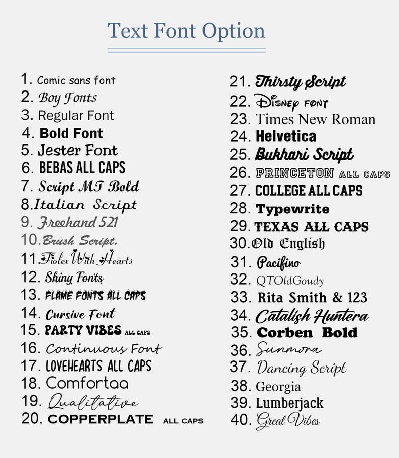 Op de afbeelding: Een lijst met 40 tekstlettertype-opties, elk met een unieke naam. De lettertypen vari&euml;ren van Comic Sans tot Great Vibes, inclusief opties zoals Bold Font, Cursive Font en Times New Roman. De titel "Text Font Option" staat bovenaan.