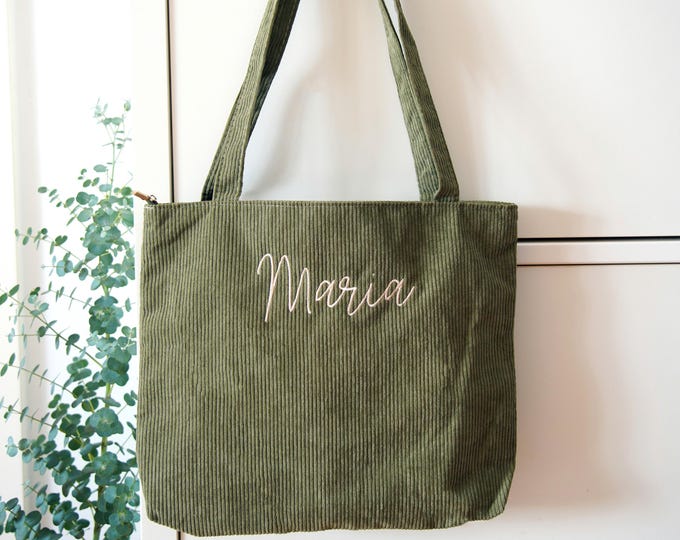 Personalized Minimalist Everyday Shoulder Tote Bag with with Zipper-Bridesmaid gifts-embroidered with initials custom tote-Corduroy Tote09-3