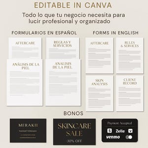 May include: Esthetician template bundle, editable in Canva. Includes forms in English and Spanish, such as aftercare, skin analysis, and client records. Also includes bonus skincare sale promotion.