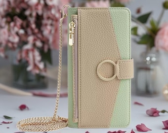 Leather Crossbody iPhone Wallet Case | Detachable Chain Strap, Card Slots & Zipper Pocket