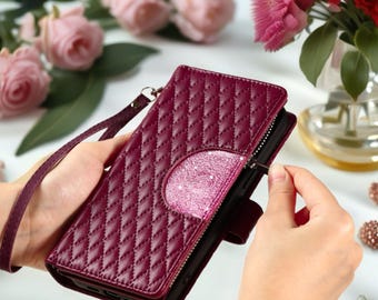 Regal Quilted Wallet iPhone Case Leather Card Holder Phone Cover with Strap & Zip Pocket