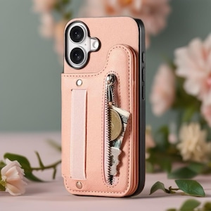 May include: A pink phone case with a wallet feature. The case has a zipper pocket containing a key, a coin, and a bill. A pink strap is attached to the case. The phone case is shown against a blurred floral background.