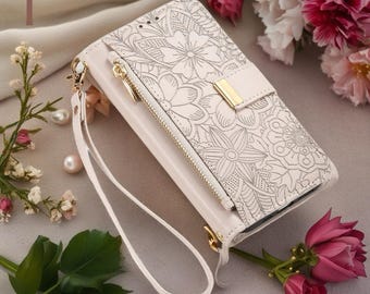 Floral Wallet iPhone Case with Pouch | Elegant Flower Design, Protective Cover