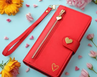 Roselle Heart Wallet iPhone Case with Zip Pocket, Card Slots & Secure Snap Closure