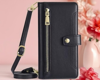 Minimal Leather Crossbody iPhone Wallet Case | Zip Pocket, Card Slots & Shoulder Strap
