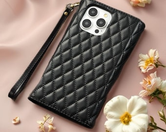 Quilted iPhone Wallet Case with Zip Pocket Wrist Strap Phone Cover Elegant Daily Carry