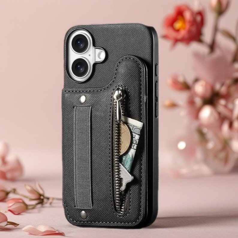 Multi Pocket Leather iPhone Case with Zipper | Card Holder Phone Cover with Button Closure Black