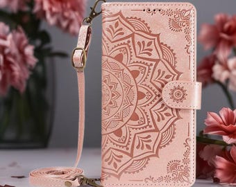 Ornate Mandala Leather Wallet iPhone Case Card Holder Flip Cover with Wrist Strap