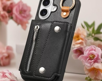 Blush Wallet iPhone Case with Zip Coin Pocket, Snap Flap Phone Cover & Ring Holder