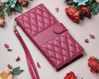 Leather Quilted iPhone Wallet Case | Flip Cover with Card Slots, Wrist Strap & Full Protection