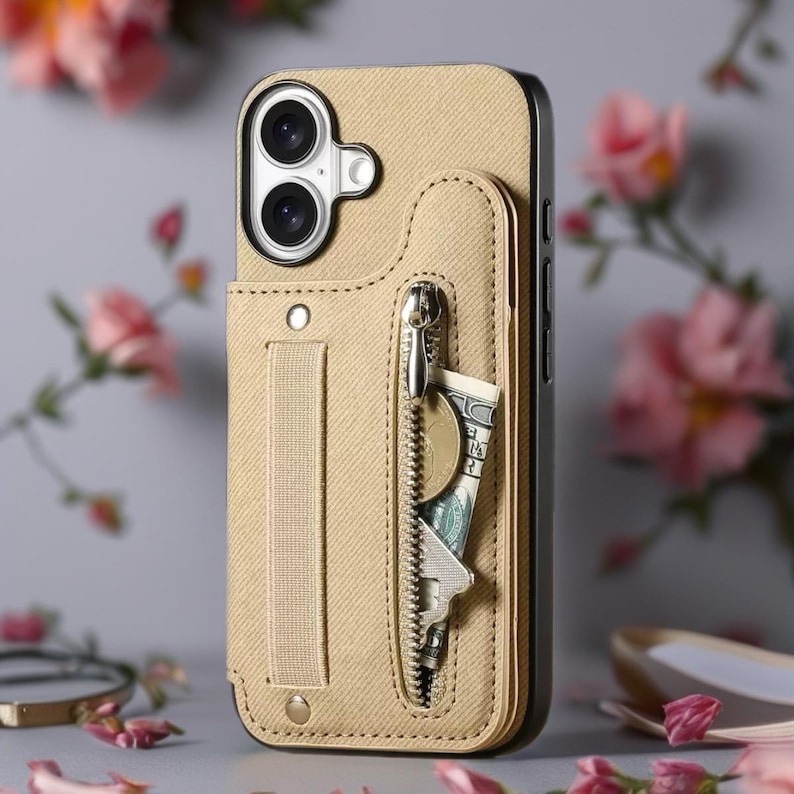 Multi Pocket Leather iPhone Case with Zipper | Card Holder Phone Cover with Button Closure Beige