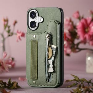 May include: A sage green phone case with a built-in zippered pocket and a hand strap. The pocket contains a coin, a key, and a folded bill. The case has a camera cutout and a black border.