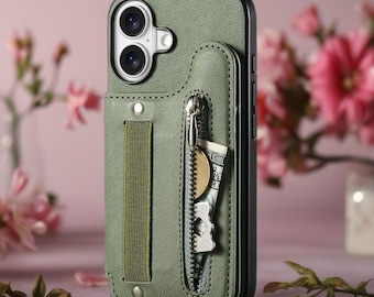 Multi Pocket Leather iPhone Case with Zipper | Card Holder Phone Cover with Button Closure
