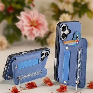May include: Blue phone case with a wallet feature. The case has a zipper pocket and a card slot. A blue elastic band secures the wallet flap. The phone case is shown with a black phone inside.