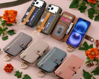 Multi Function Leather Wallet Case for iPhone | Zipper Pocket, Card Slots & Hand Strap