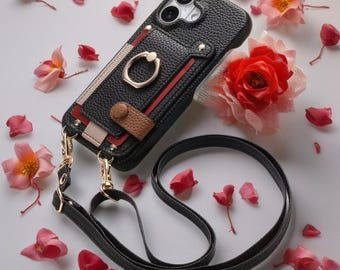 Perry Luxe Strap Wallet iPhone Case Leather Card Holder Cover with Ring Grip