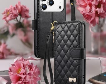Luvia Quilted Leather iPhone Wallet Case with Zip Pocket, Card Slots & Wrist Strap