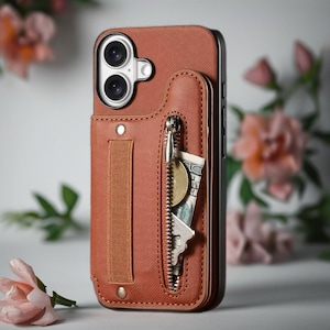 May include: A brown leather phone case with a built-in wallet. The case features a zippered pocket containing a key, coins, and a dollar bill. A strap is on the back for holding the phone. The case is designed to protect the phone and carry essentials.