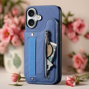 May include: A blue phone case with a zippered pocket and a blue hand strap. The pocket contains a coin and a small amount of paper currency. The case has a dual-lens camera cutout.