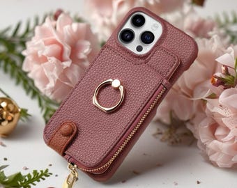 Camellia Leather Ring Wallet iPhone Case with Zip Pocket, Card Storage & Shockproof