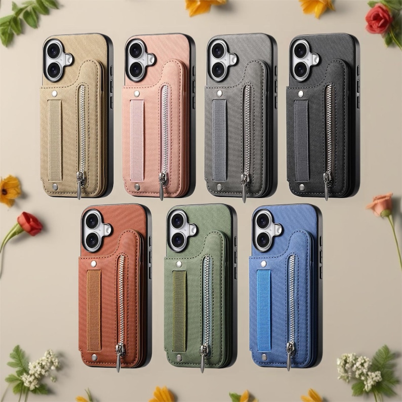 May include: A collection of eight phone cases in various colors, each featuring a zippered pocket and a hand strap. Colors include tan, pink, gray, black, orange, green, and blue. The cases are designed to fit a specific phone model.