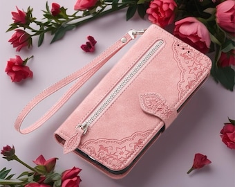 Botanical Embossed Wallet Case for iPhone | Leather Flip Cover with Card Slots & Wrist Strap