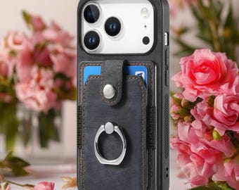 Leather iPhone Case with Card Holder & Ring Stand | Card Slot Phone Cover Grip Support