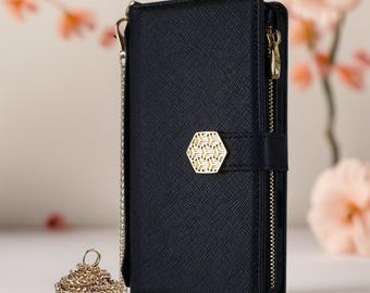 Monarch Luxe Zip Wallet iPhone Case Leather Card Holder with Chain Strap