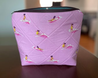 Sock Set Knitting Bag | Surfer Girl | Teal with Pink Turtles Lining | Brown Zipper