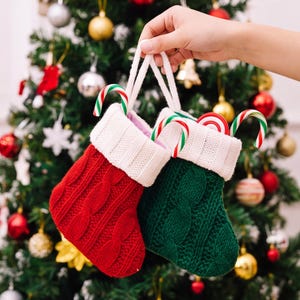 Mini Knitted Christmas Stocking Ornament, Cozy Holiday Tree Decor, Rustic Christmas Gift Accent