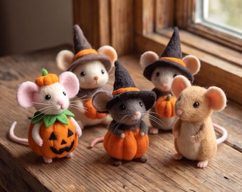 Figura de ratón de lana con diseño de calabaza de Halloween, linda decoración otoñal para estantes y un regalo adorable y espeluznante.