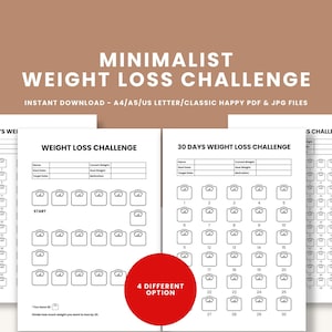 Gewichtsverliesuitdaging Afdrukbare fitnesstracker Gewichtsverliesdagboekpagina Minimalistische gezondheidstrackersjabloon Maandelijks gewichtsverliesgrafiek pdf-A4