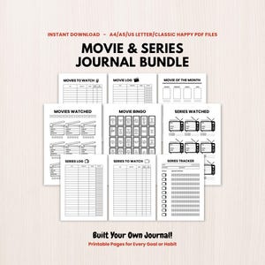 以下が含まれることがあります： 映画とシリーズの印刷可能なジャーナルページのバンドル。ページには、見る映画、映画ログ、今月の映画、見た映画、映画ビンゴ、見たシリーズ、シリーズログ、見るシリーズ、シリーズトラッカーを追跡するためのセクションが含まれています。テキストは「Built Your Own Journal！」と書かれています。
