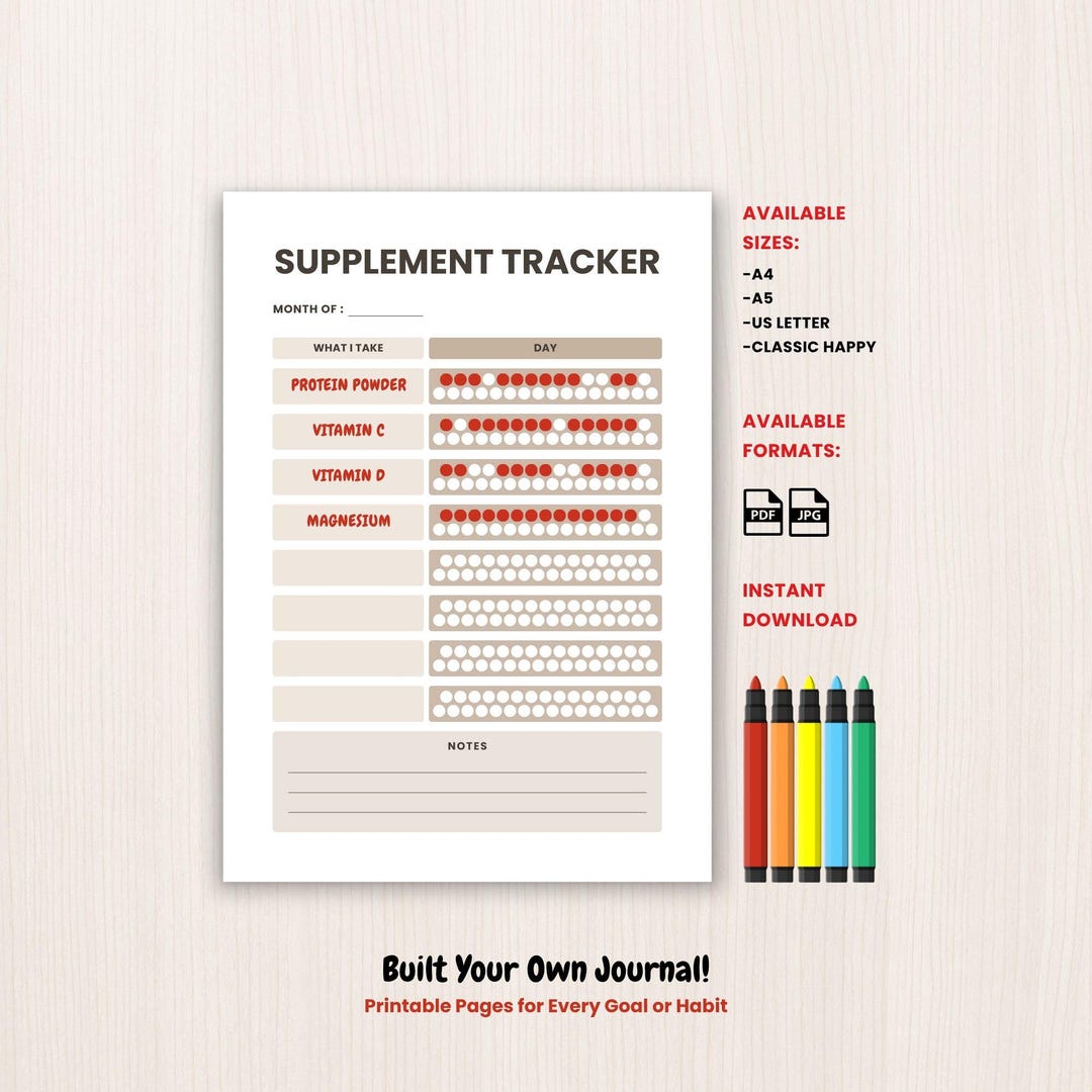 Supplement Stack Log Supplement Tracker Printable Vitamin Log Health Journal Page Monthly ...